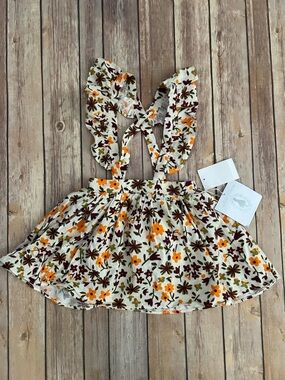 marmellata Cream Floral Ruffle Strap Dress with Orange and Brown Blooms